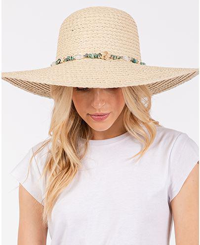 WIDE BRIM FLOPPY SUN HAT WITH TURQUOISE STONE AND STARFISH BAND