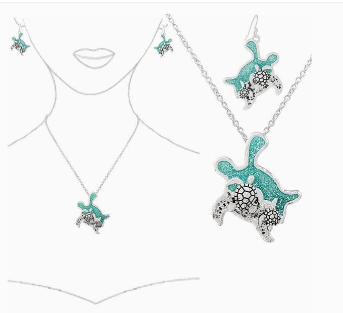 Sealife Theme Opal Pendant Necklace Set - Turtle