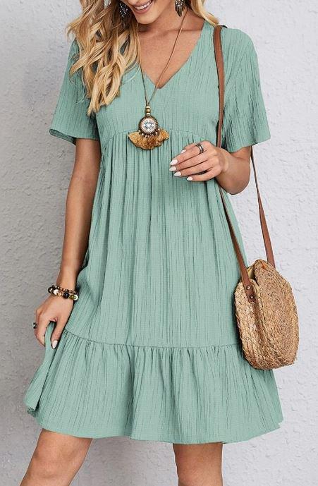 Spring Summer V Neck Short Sleeves Splicing Dress