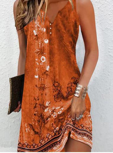 Printed V Neck Button Sleeveless Dress