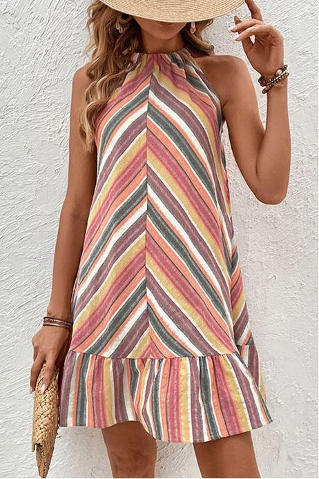 Multicolor Striped Halter Sleeveless Dress