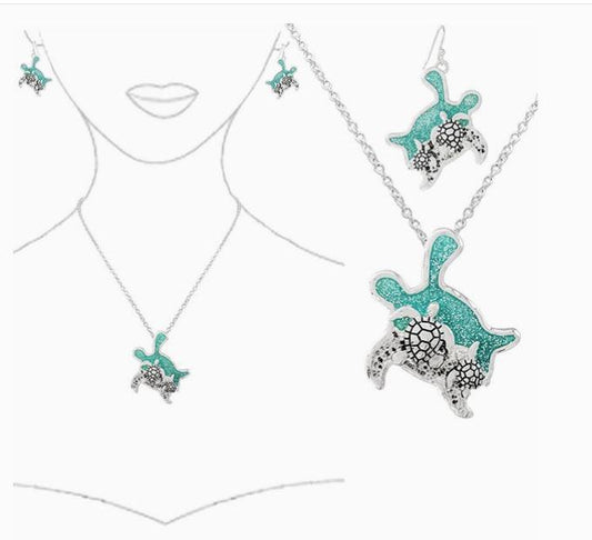 Sealife Theme Opal Pendant Necklace Set - Turtle