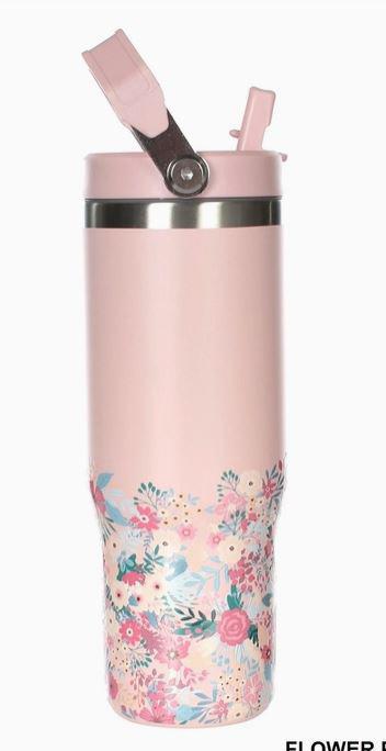 30oz Stainless Steel Flip Straw Flower Print Tumbler