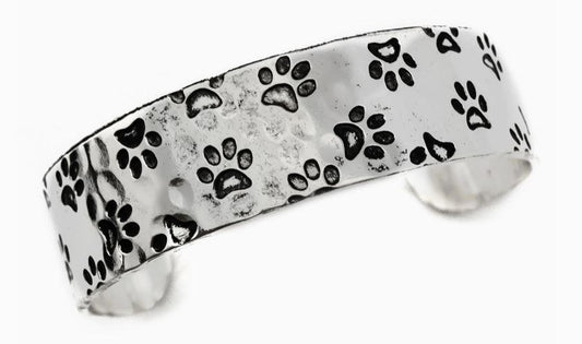 Paw Print Silver Engraved Cuff Bracelet