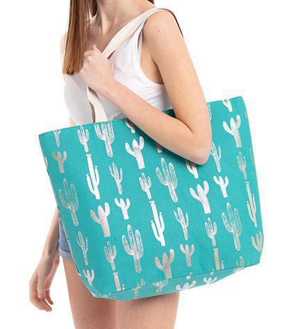 SILVER FOIL CACTUS BEACH BAG. TURQUOISE
