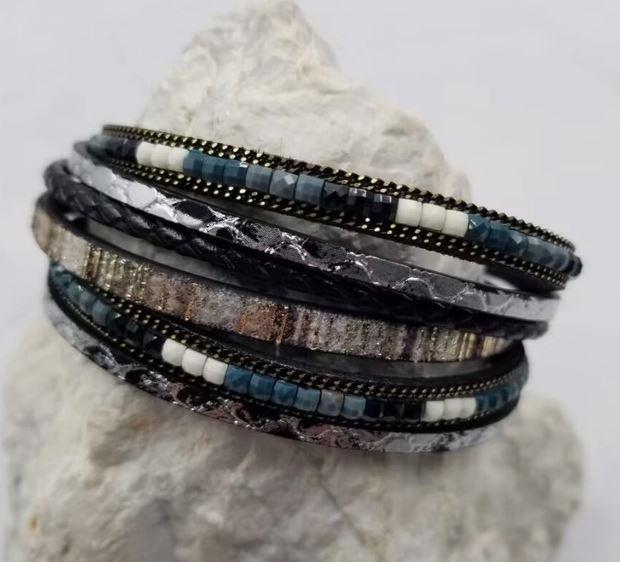 Boho Beaded Leather Wrap Magnetic Bracelet