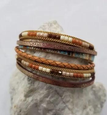 Boho Beaded Leather Wrap Magnetic Bracelet