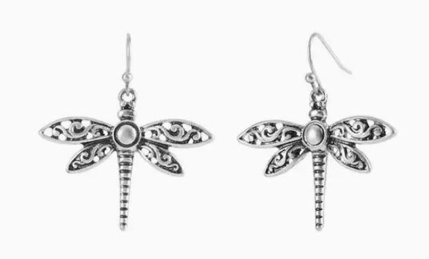 Antique Silver Dragonfly Dangle Earrings