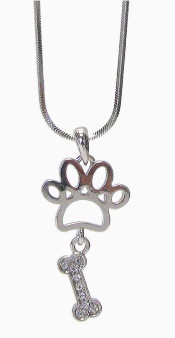 Crystal Paw and Bone Pendant Necklace