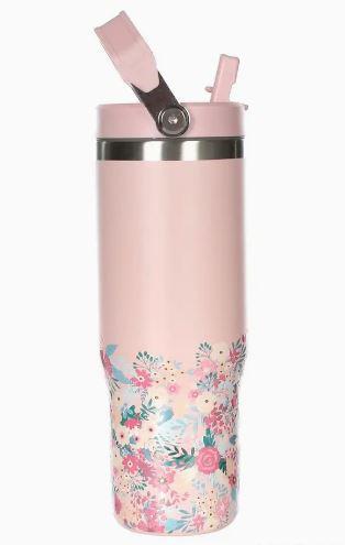 30oz Stainless Steel Flip Straw Flower Print Tumbler