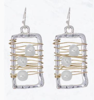 Hammered Metal Rectangle with Pearl Wire Wrapped Earrings