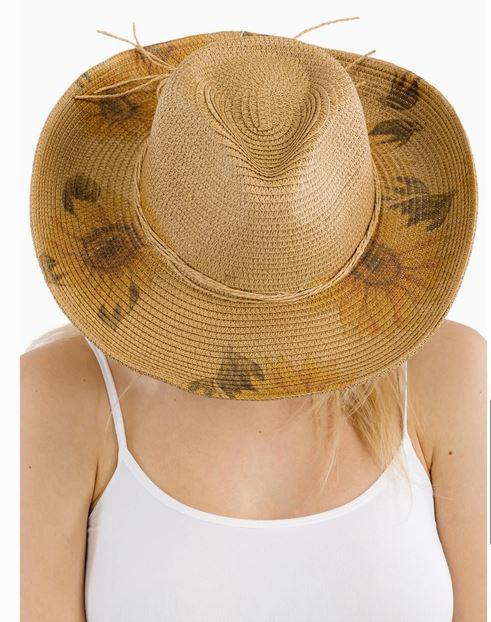 Sunflower Print Wired Taco Brim Paper Straw Cowboy Hat