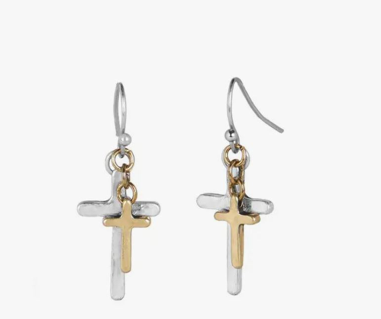 Mixed Metal Layered Cross Dangle Earrings