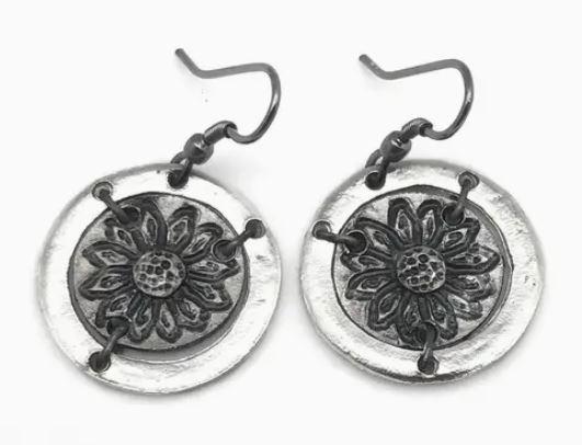 Pewter Earrings - Sunflower in Circle