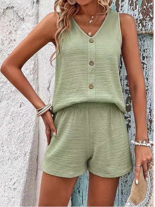V-Neck Solid Color Button Vest Set
