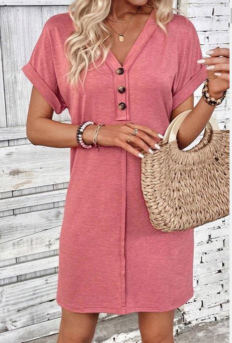 Plain V Neck Buttoned Exposed Seam T-Shirt Dress