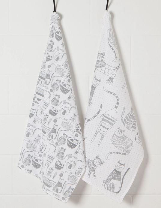 Cat Print London Gray Floursack Dishtowels