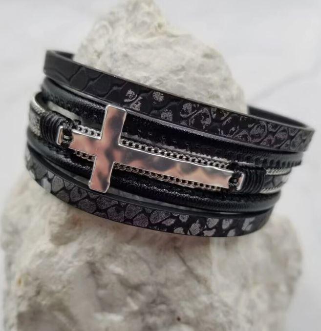 Cross Layered Leather Magnetic Bracelet