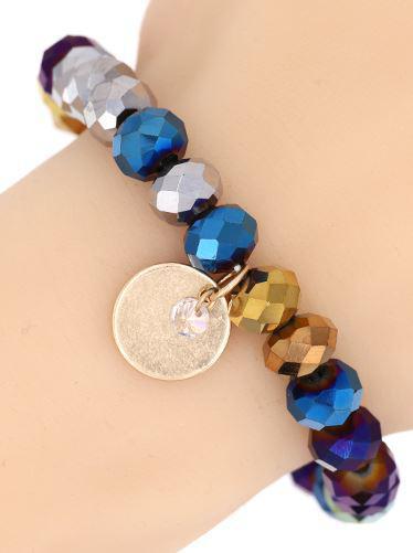 10MM FACETED GLASS BEAD STRETCH BRACELET WITH CHARM
