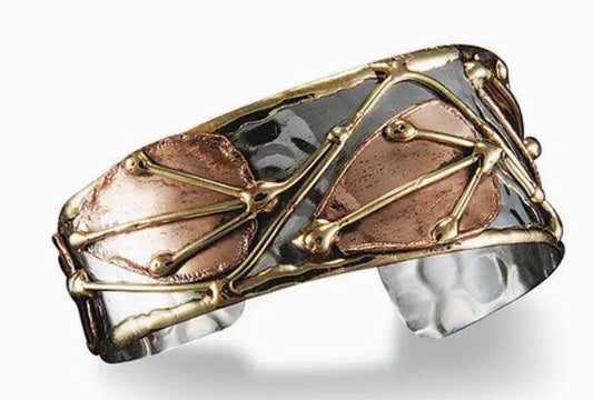 Mixed Metal Cuff Bracelet - Dotted Leaves