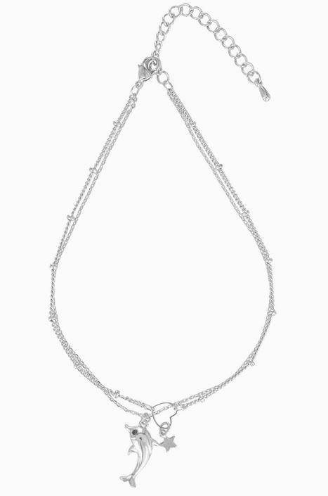 Dolphin Pendant Cut-Out Heart 2 Layer Anklet