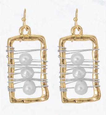 Hammered Metal Rectangle with Pearl Wire Wrapped Earrings