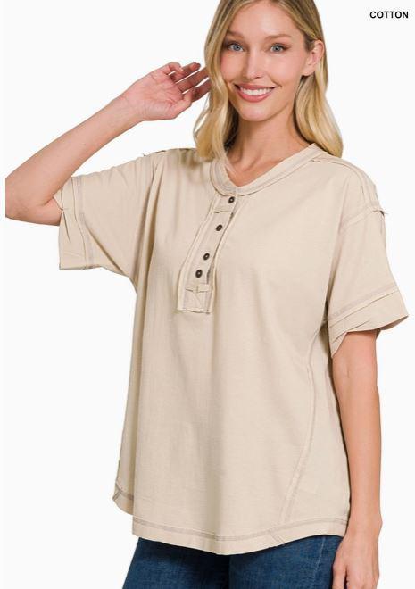 Raw Edge Detailed Button Closure Short Sleeve Top