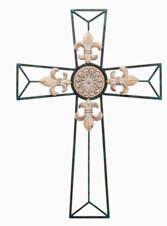 Fleur De Lis Green Metal Wall Cross 20"H