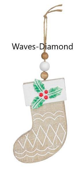 Wooden Holly Stocking Ornament: C - Wave & Diamond