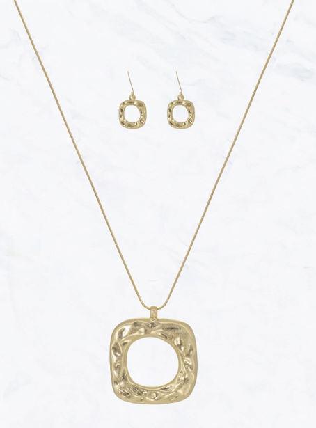 Hammered Cut-Out Square Pendant Long Necklace Earrings Set