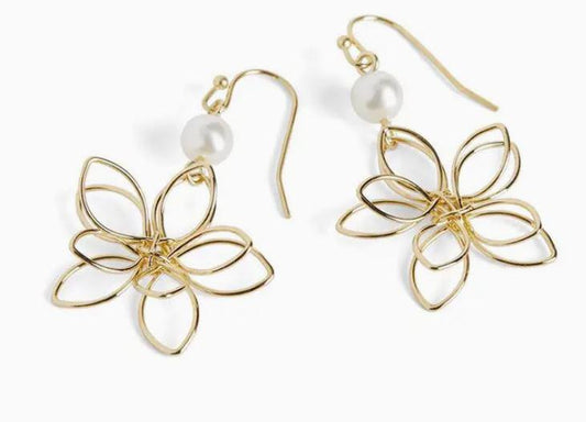 Wire Wrap Flower Dangle Earrings - Gold