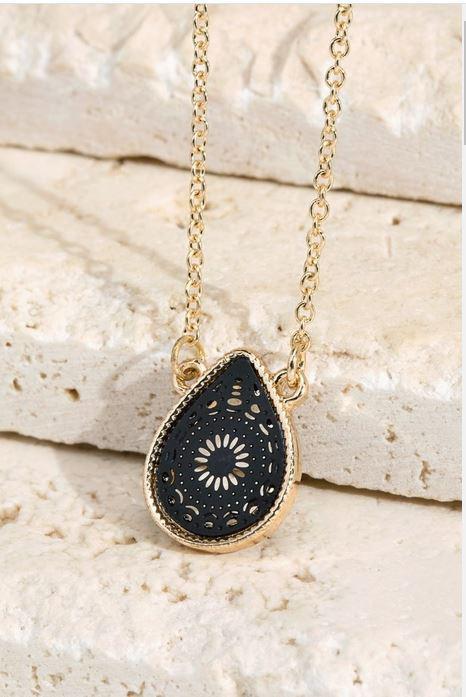 Brass Teardrop Filigree Pendant Necklace