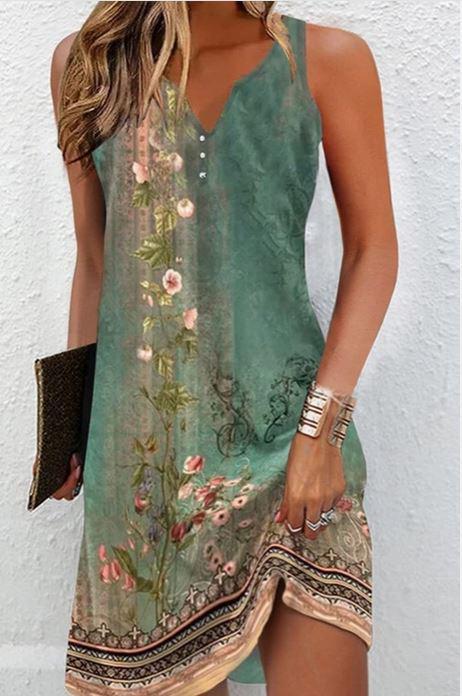 Printed V Neck Button Sleeveless Dress