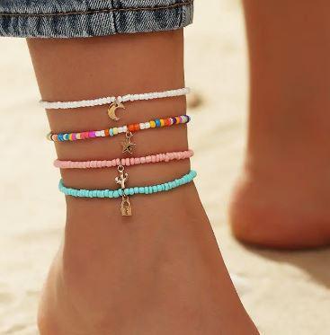 Rainbow Moon Star Lock Cactus Anklet in Solid Copper, Resin