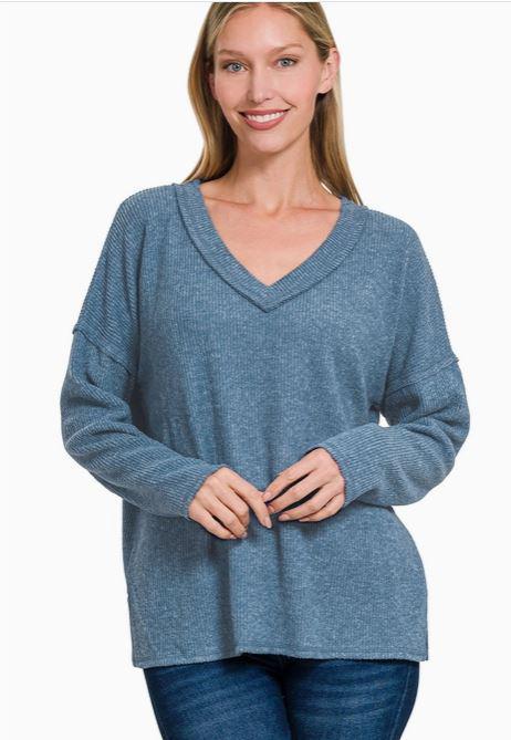 Ribbed V Neck Drop Shoulder Brushed Sweater