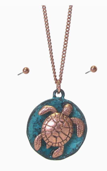 Vintage Metal Disc Pendant Necklace - Turtle