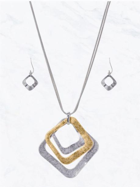 3pcs Cut-Out Square Two Tone Pendant 2 Strand Necklace