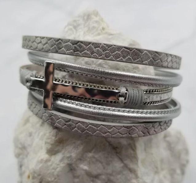 Cross Layered Leather Magnetic Bracelet